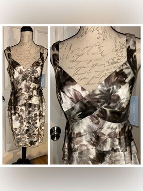 NWT London Times Scalloped Cocktail Dress Wedding Attire Ivory Grey sz 8